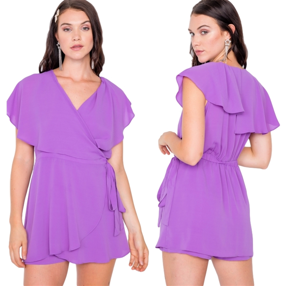 Purple Mock Wrap Butterfly Sleeve Romper